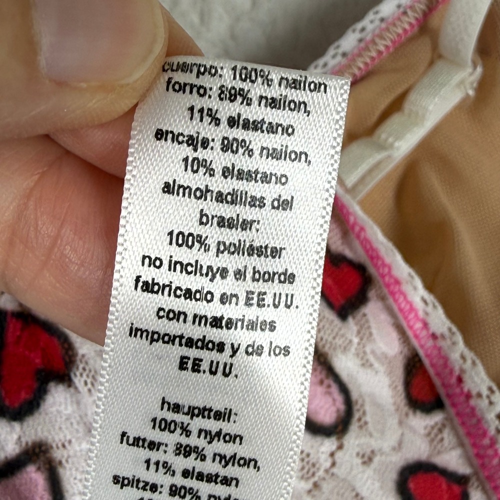 Hanky Panky White Lace Heart Print Triangle Bralette Small Red Pink Made in USA - Picture 5 of 8
